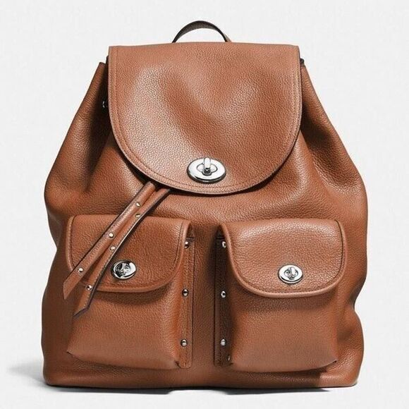 Coach Turnlock Rucksack Backpack Classic Saddle Brown Pebbled Leather Preppy EUC - Picture 1 of 16